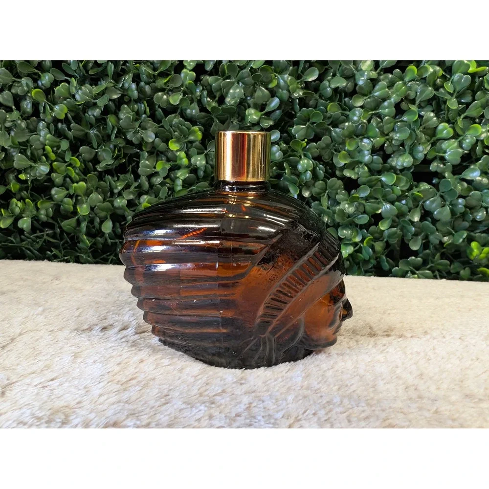 Vintage Avon Spicy After Shave Indian Head Amber Glass Decanter 4oz Empty Bottle